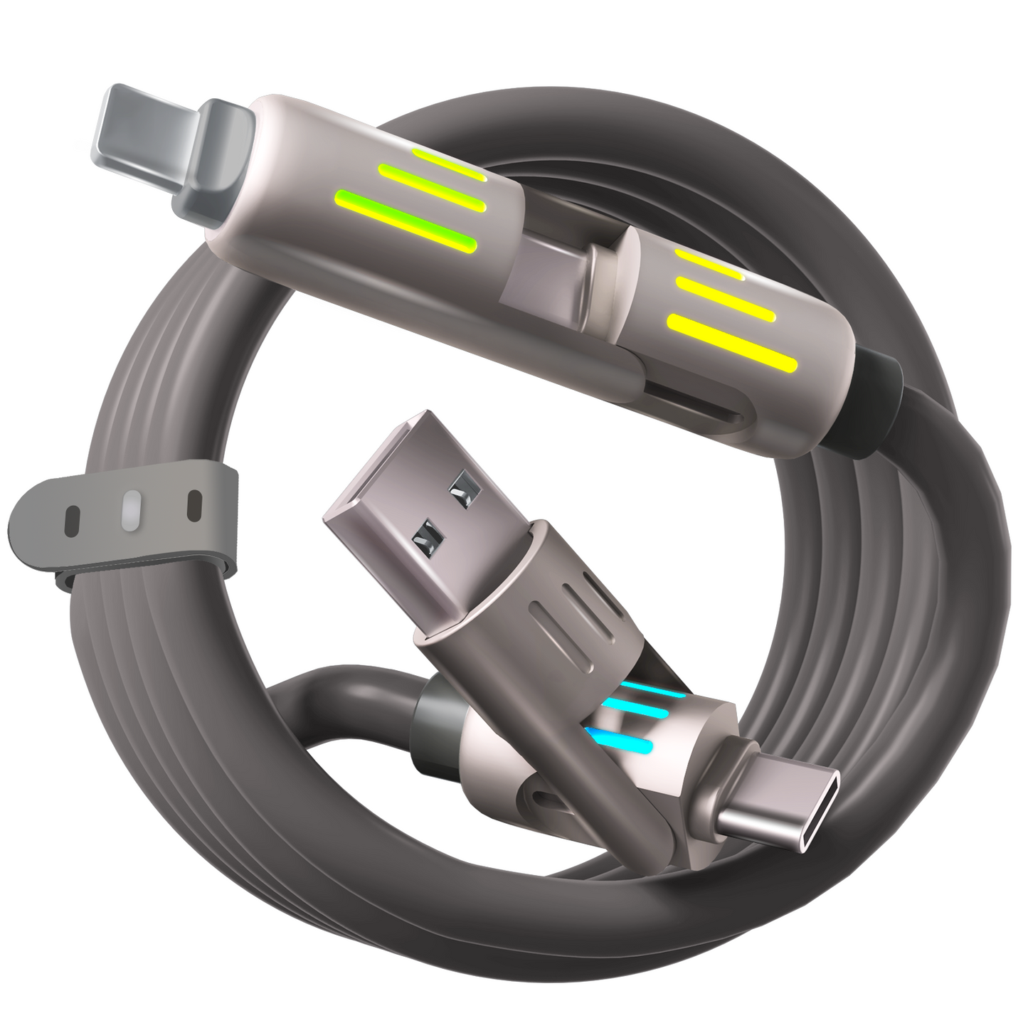 LWW 240W 4-in-1 PD Fast Charging Cable: USB-C/A/Lightning, 5A, Breathing LED, Aluminum Alloy, 4FT Silicone, iPhone/Android/Laptop/Smartphone