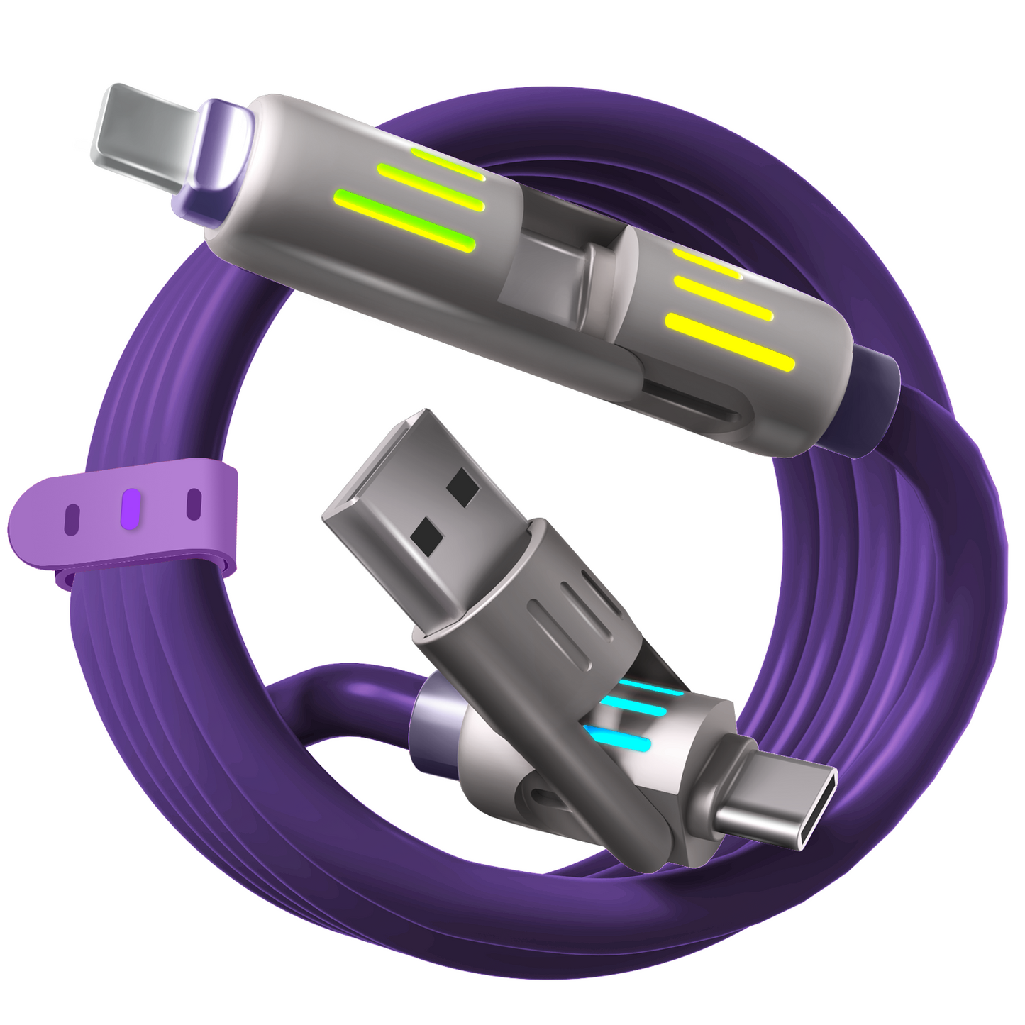 LWW 240W 4-in-1 PD Fast Charging Cable: USB-C/A/Lightning, 5A, Breathing LED, Aluminum Alloy, 4FT Silicone, iPhone/Android/Laptop/Smartphone