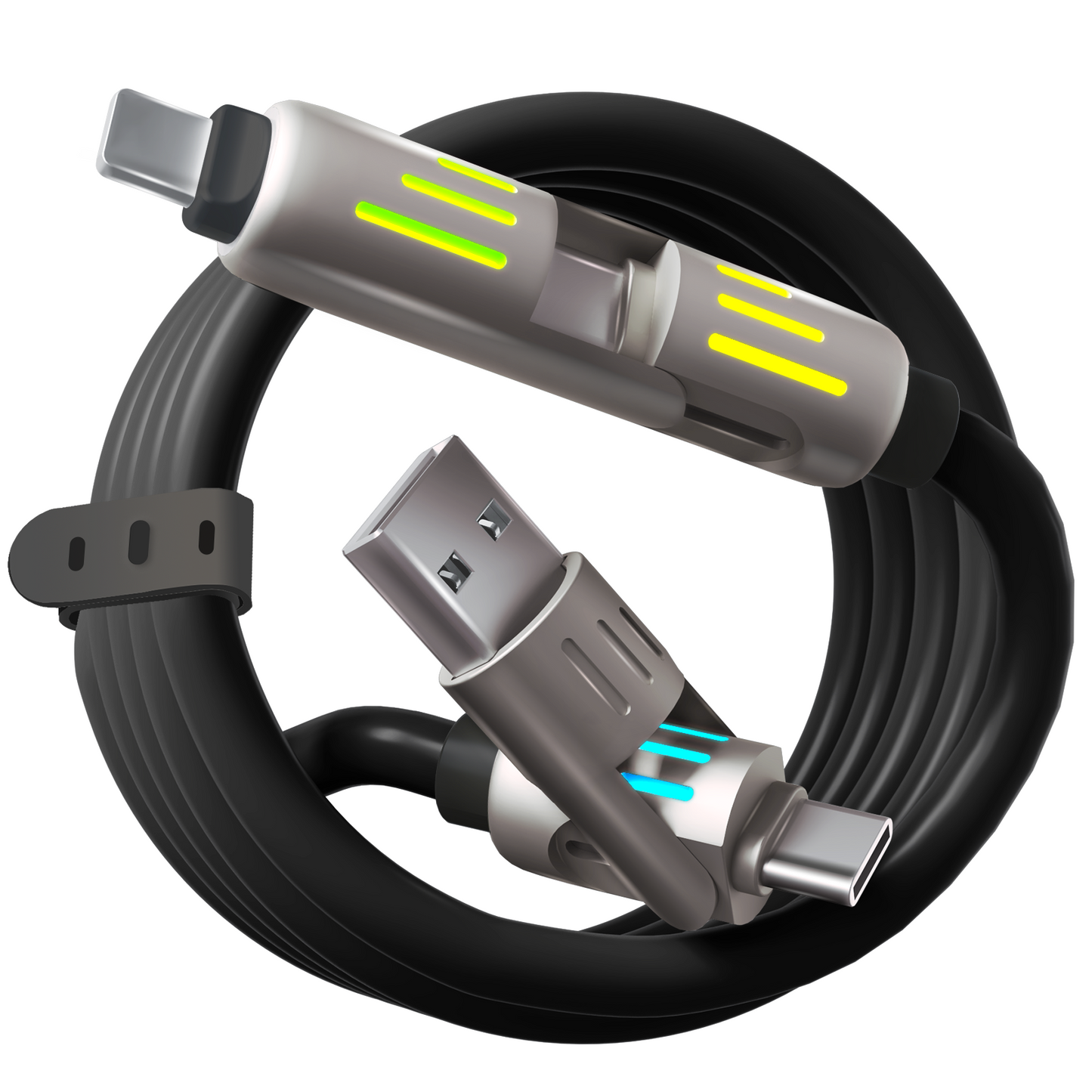 LWW 240W 4-in-1 PD Fast Charging Cable: USB-C/A/Lightning, 5A, Breathing LED, Aluminum Alloy, 4FT Silicone, iPhone/Android/Laptop/Smartphone