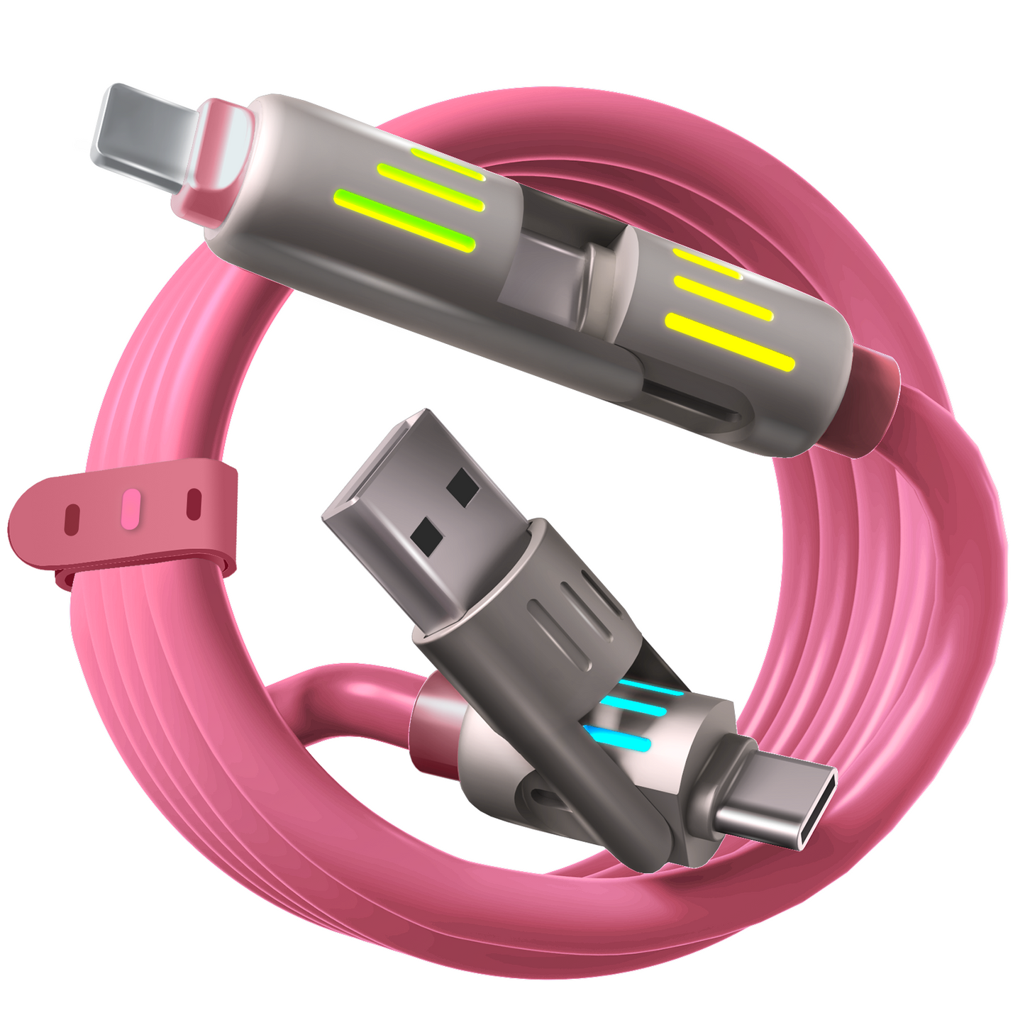 LWW 240W 4-in-1 PD Fast Charging Cable: USB-C/A/Lightning, 5A, Breathing LED, Aluminum Alloy, 4FT Silicone, iPhone/Android/Laptop/Smartphone