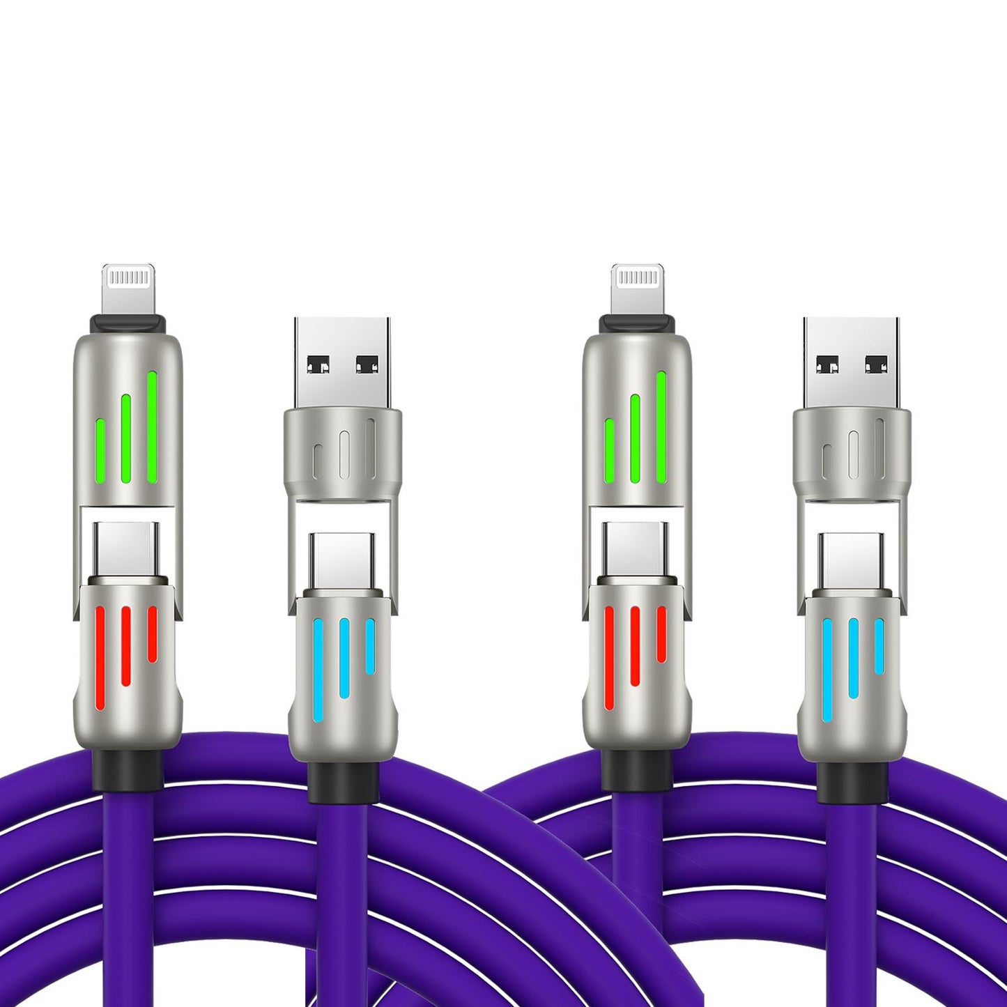 LWW 240W 4-in-1 PD Fast Charging Cable: USB-C/A/Lightning, 5A, Breathing LED, Aluminum Alloy, 4FT Silicone, iPhone/Android/Laptop/Smartphone