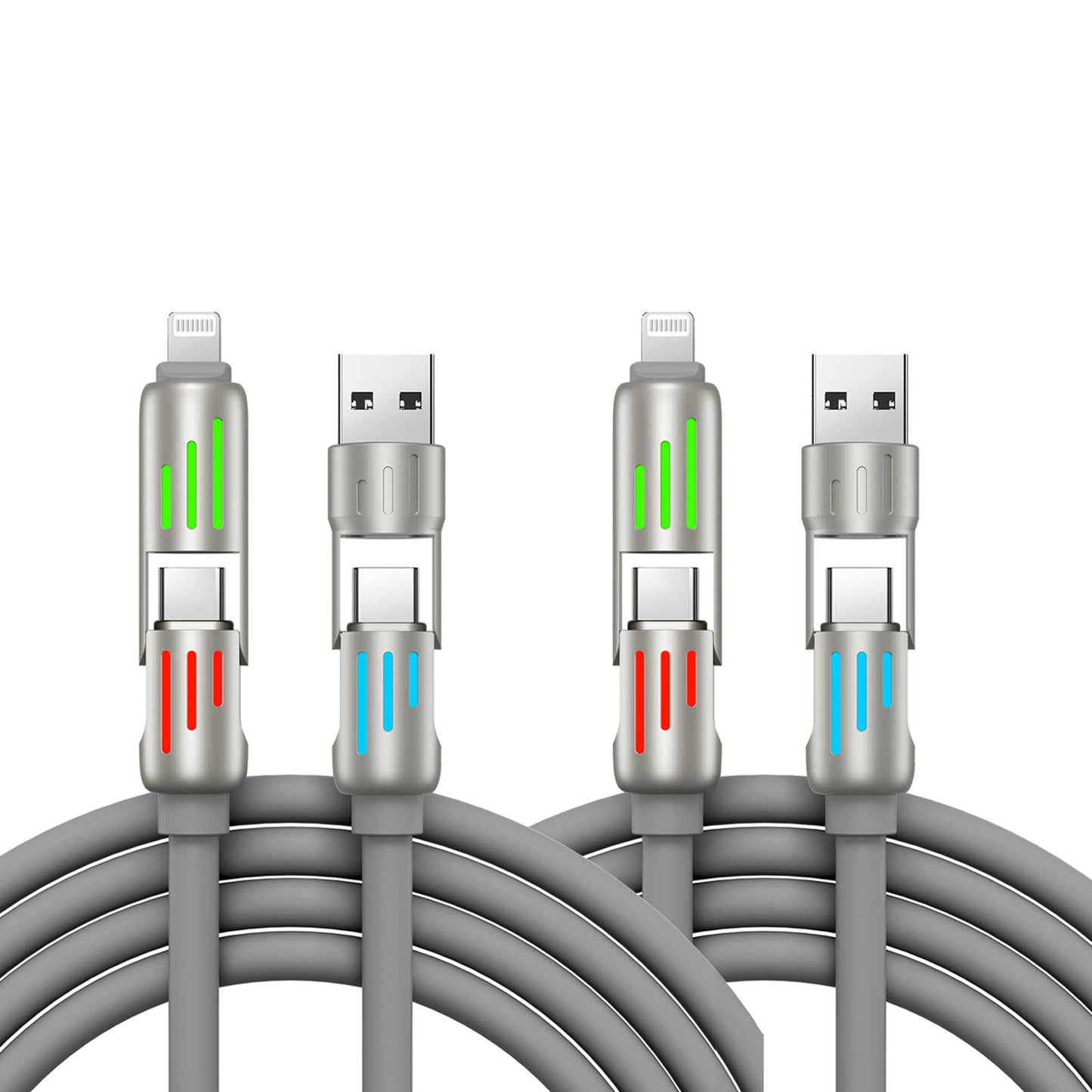 LWW 240W 4-in-1 PD Fast Charging Cable: USB-C/A/Lightning, 5A, Breathing LED, Aluminum Alloy, 4FT Silicone, iPhone/Android/Laptop/Smartphone