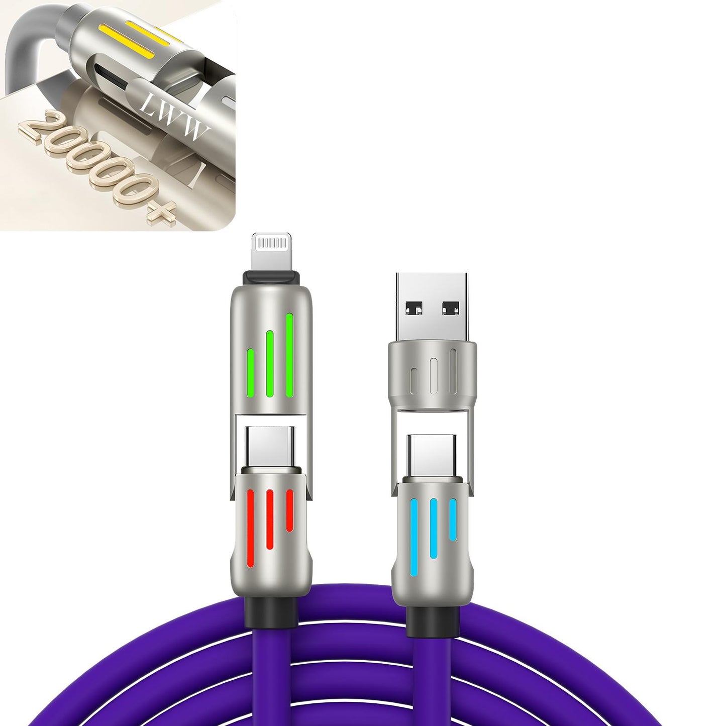 LWW 240W 4-in-1 PD Fast Charging Cable: USB-C/A/Lightning, 5A, Breathing LED, Aluminum Alloy, 4FT Silicone, iPhone/Android/Laptop/Smartphone