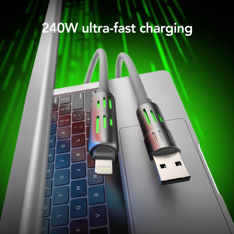 LWW 240W 4-in-1 PD Fast Charging Cable: USB-C/A/Lightning, 5A, Breathing LED, Aluminum Alloy, 4FT Silicone, iPhone/Android/Laptop/Smartphone