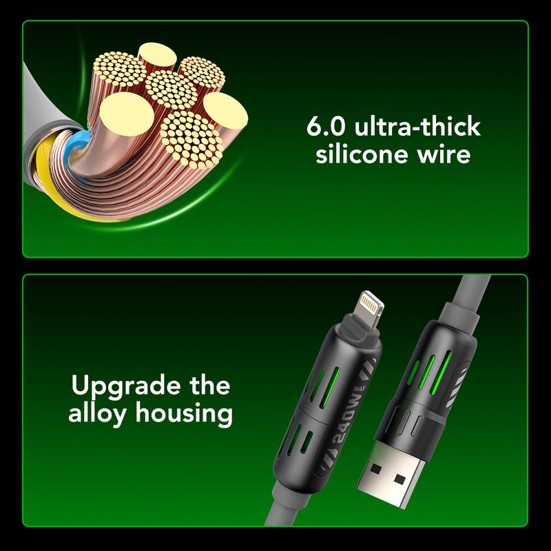LWW 240W 4-in-1 PD Fast Charging Cable: USB-C/A/Lightning, 5A, Breathing LED, Aluminum Alloy, 4FT Silicone, iPhone/Android/Laptop/Smartphone