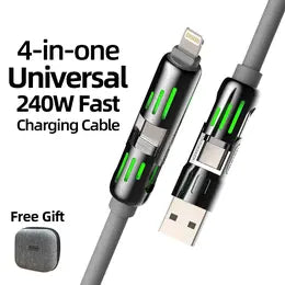 LWW 240W 4-in-1 PD Fast Charging Cable: USB-C/A/Lightning, 5A, Breathing LED, Aluminum Alloy, 4FT Silicone, iPhone/Android/Laptop/Smartphone