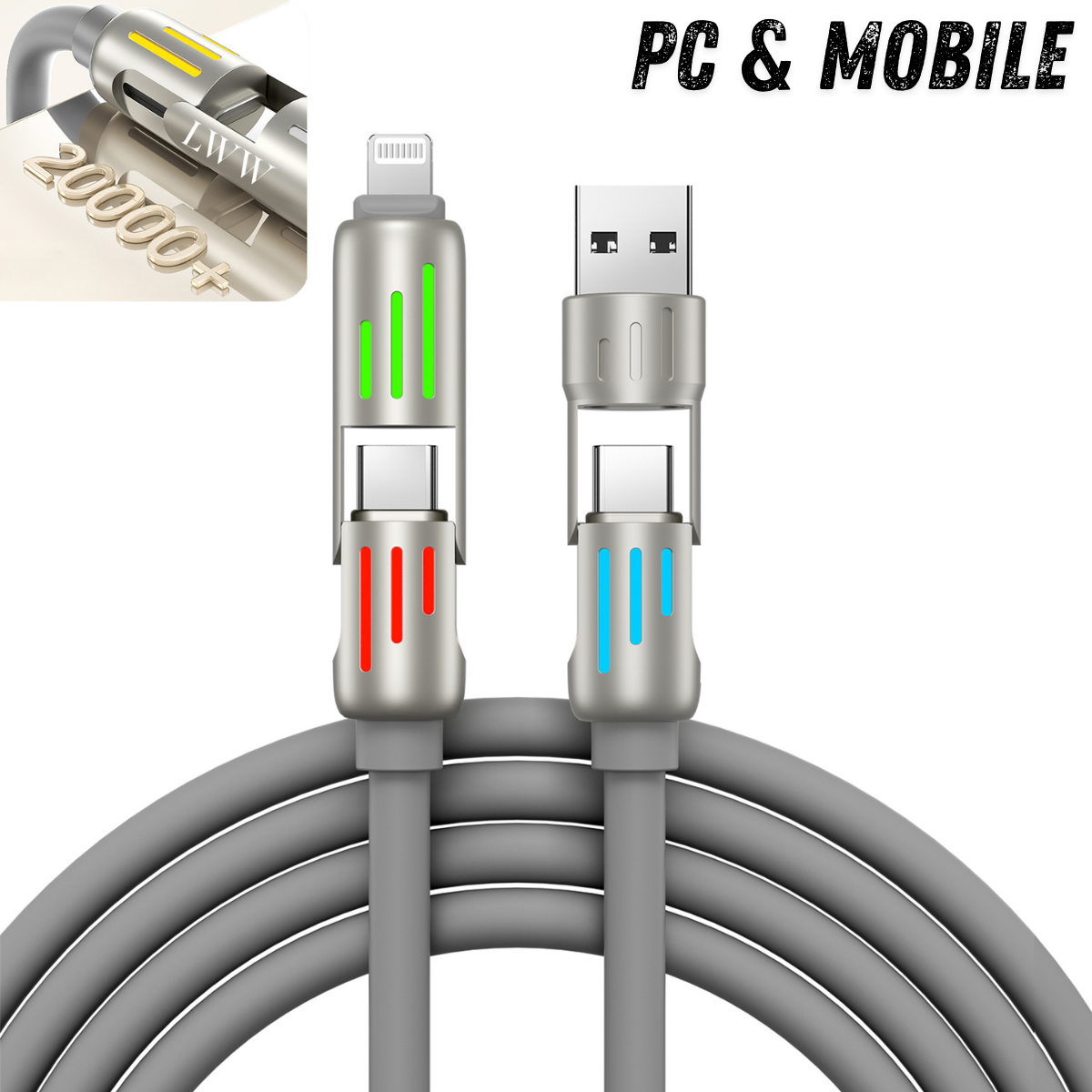 LWW 240W 4-in-1 PD Fast Charging Cable: USB-C/A/Lightning, 5A, Breathing LED, Aluminum Alloy, 4FT Silicone, iPhone/Android/Laptop/Smartphone