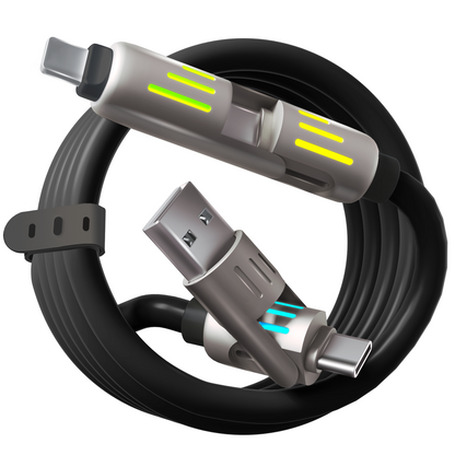 LWW 240W 4-in-1 PD Fast Charging Cable: USB-C/A/Lightning, 5A, Breathing LED, Aluminum Alloy, 4FT Silicone, iPhone/Android/Laptop/Smartphone