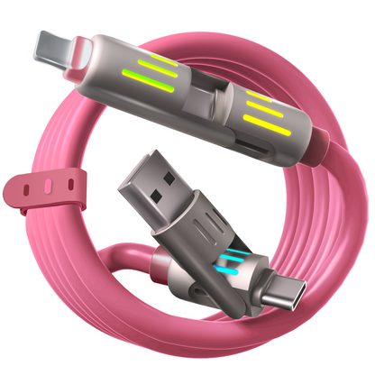 LWW 240W 4-in-1 PD Fast Charging Cable: USB-C/A/Lightning, 5A, Breathing LED, Aluminum Alloy, 4FT Silicone, iPhone/Android/Laptop/Smartphone