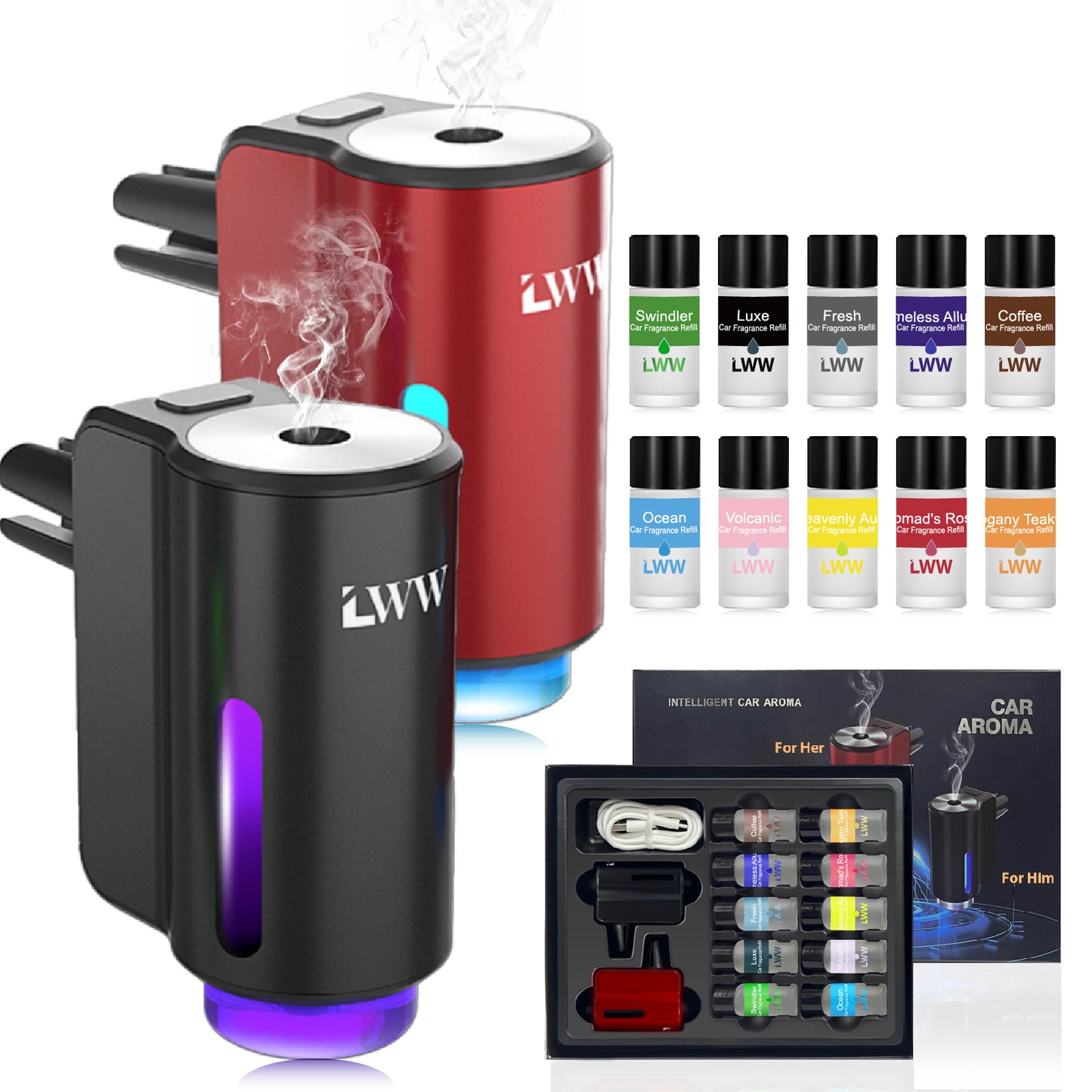 LWW Holiday Edition Dual Car Diffuser Gift Set with 10 French Essential Oils & 8 Aromatic Scents for 2025 Xmas Gift Bag Included Long-lasting Aroma