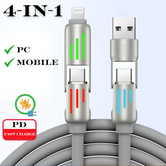 LWW 240W 4-in-1 PD Fast Charging Cable: USB-C/A/Lightning, 5A, Breathing LED, Aluminum Alloy, 4FT Silicone, iPhone/Android/Laptop/Smartphone