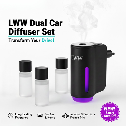 LWW Dual Car Diffuser Set with 3 Premium French Essential Oils Long Lasting Fragrance for Car & Home Waterless Auto Off Feature