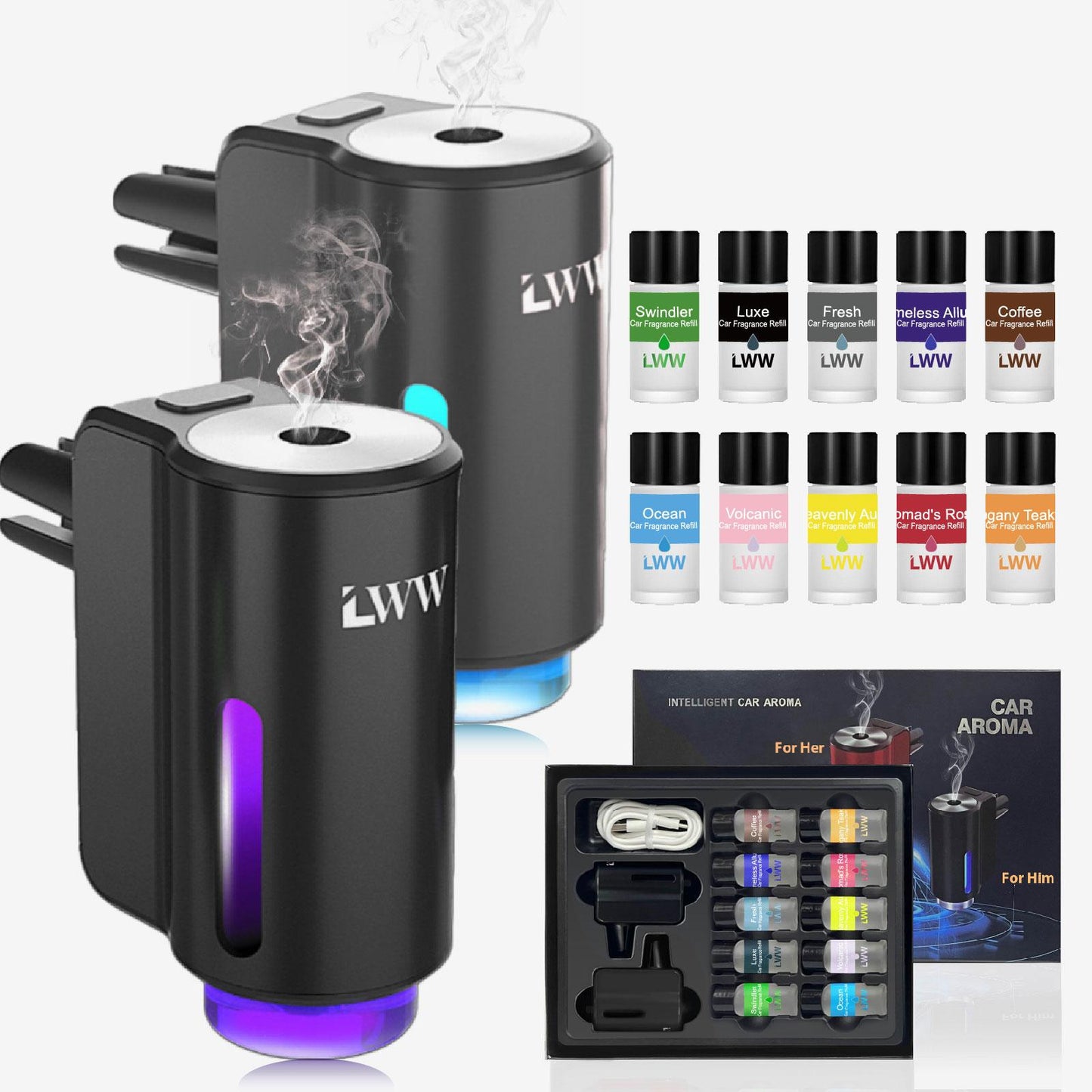 LWW Holiday Edition Dual Car Diffuser Gift Set with 10 French Essential Oils & 8 Aromatic Scents for 2025 Xmas Gift Bag Included Long-lasting Aroma