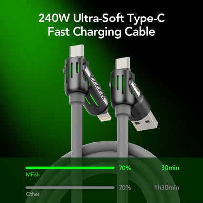 LWW 240W 4-in-1 PD Fast Charging Cable: USB-C/A/Lightning, 5A, Breathing LED, Aluminum Alloy, 4FT Silicone, iPhone/Android/Laptop/Smartphone