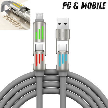 LWW 240W 4-in-1 PD Fast Charging Cable: USB-C/A/Lightning, 5A, Breathing LED, Aluminum Alloy, 4FT Silicone, iPhone/Android/Laptop/Smartphone